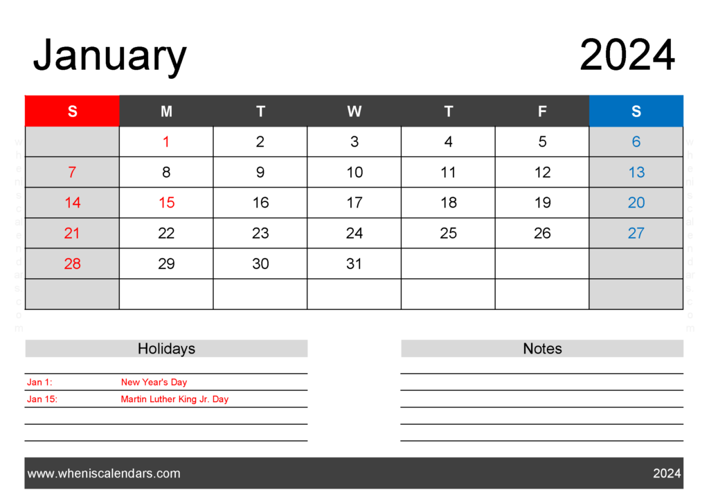 Download excel January 2024 Calendar A4 Horizontal J4122