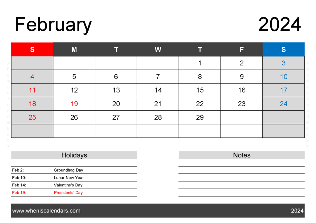 Download excel February 2024 Calendar A4 Horizontal 24122