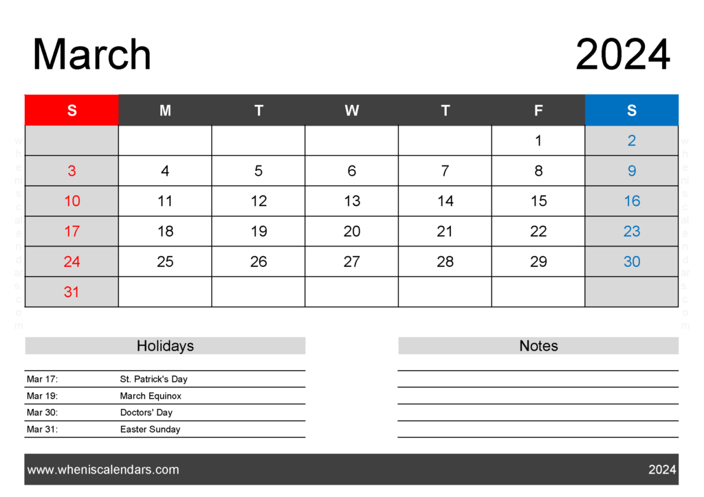 Download excel March 2024 Calendar A4 Horizontal 34122