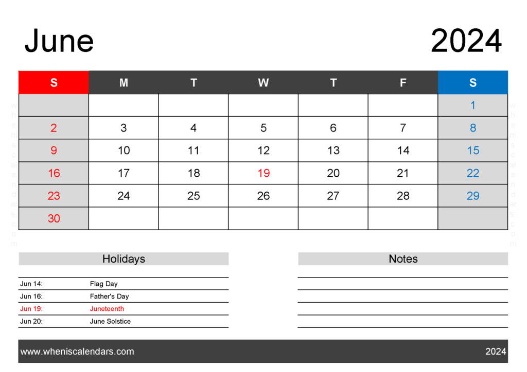 Download excel June 2024 Calendar A4 Horizontal 64122