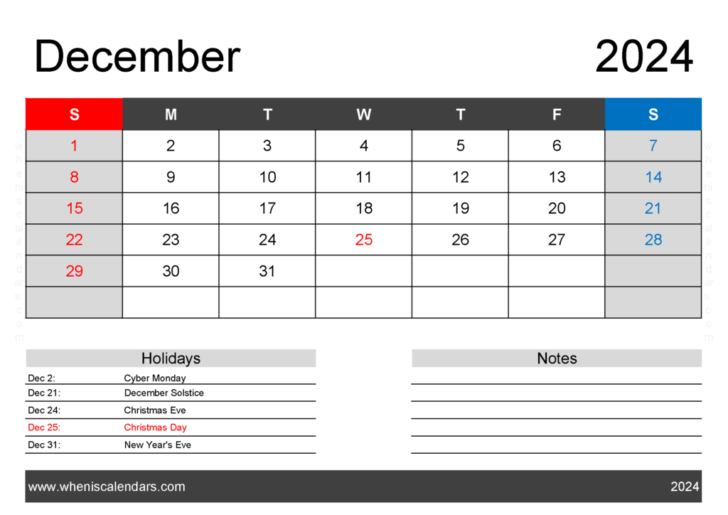 Download excel December 2024 Calendar A4 Horizontal 124122