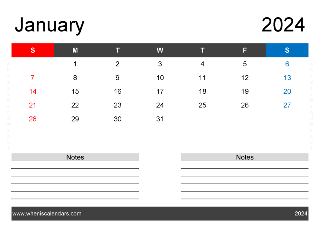 Download Printable Blank Calendar January 2024 A4 Horizontal J4203