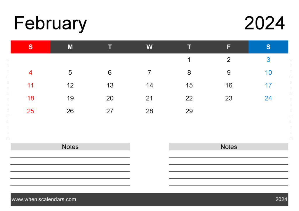 Download Printable Blank Calendar February 2024 A4 Horizontal 24203