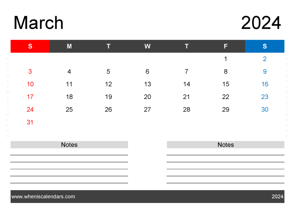 Download Printable Blank Calendar March 2024 A4 Horizontal 34203
