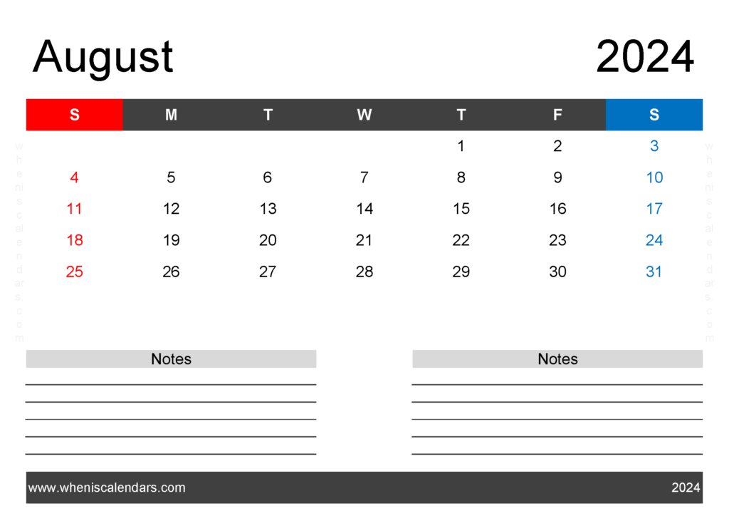 Download Printable Blank Calendar August 2024 A4 Horizontal 84203
