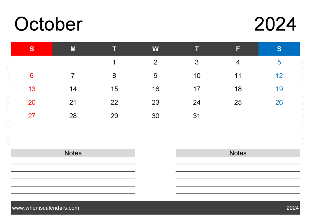 Download Printable Blank Calendar October 2024 A4 Horizontal 104203