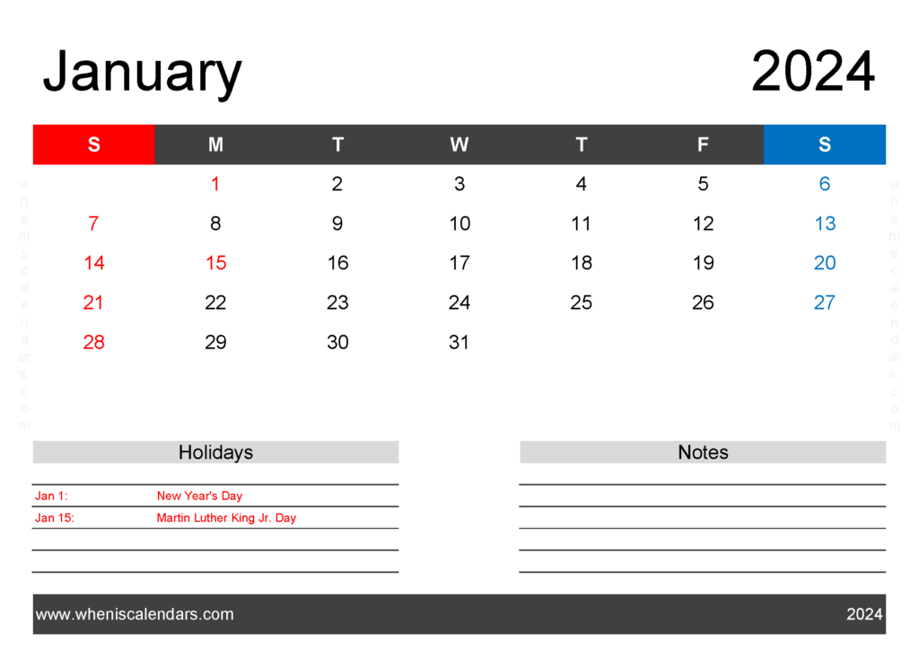 Download Blank Jan 2024 Calendar Printable pdf A4 Horizontal J4123