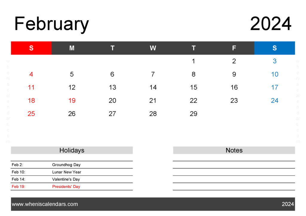 Download Blank Feb 2024 Calendar Printable pdf A4 Horizontal 24123
