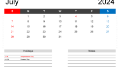 Download Blank Jul 2024 Calendar Printable pdf A4 Horizontal 74123