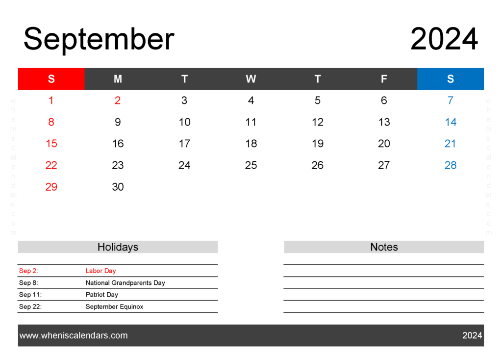 Download Blank Sept 2024 Calendar Printable pdf A4 Horizontal 94123