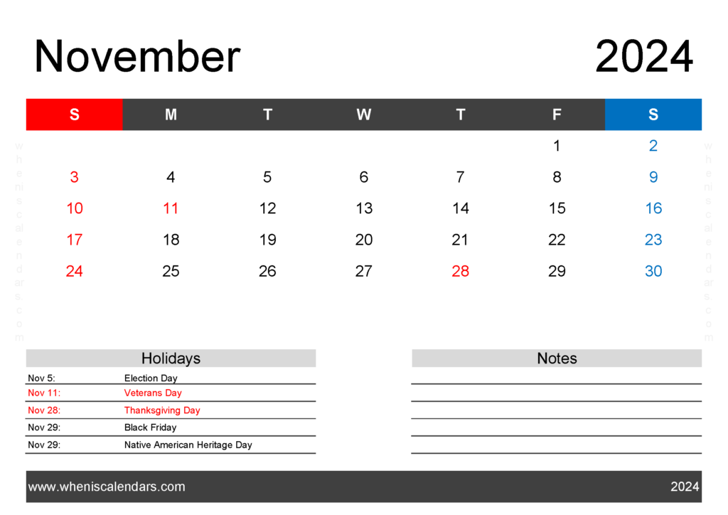 Download Blank Nov 2024 Calendar Printable pdf A4 Horizontal 114123
