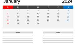 Download Free Printable Calendar January 2024 with Holidays A4 Horizontal J4204