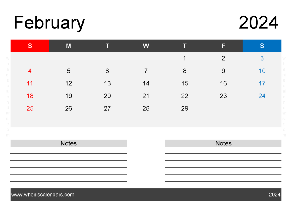 Download Free Printable Calendar February 2024 with Holidays A4 Horizontal 24204