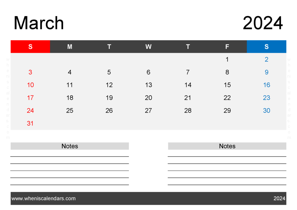 Download Free Printable Calendar March 2024 with Holidays A4 Horizontal 34204
