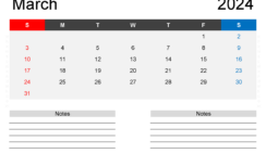 Free Printable Calendar March 2024 with Holidays M3204