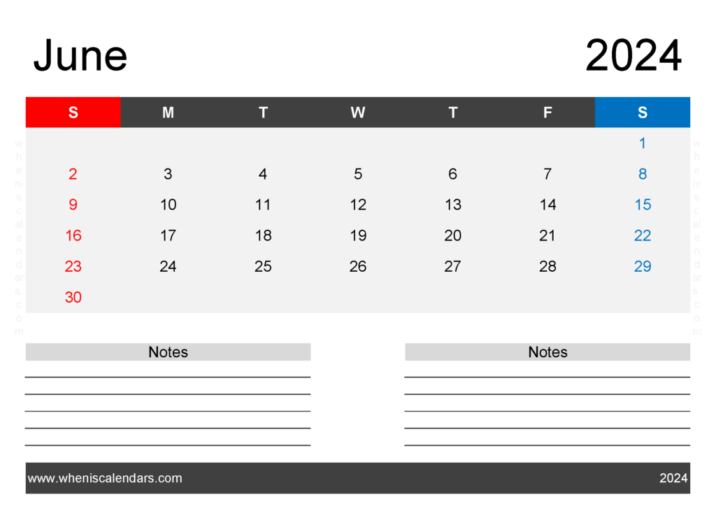 Download Free Printable Calendar June 2024 with Holidays A4 Horizontal 64204
