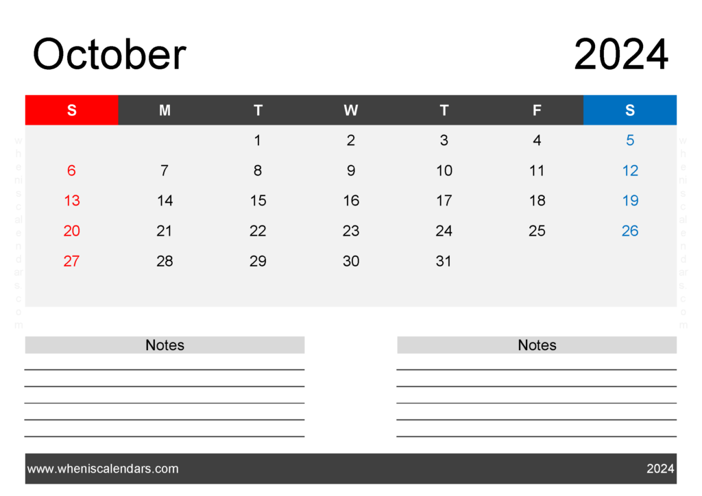 Download Free Printable Calendar October 2024 with Holidays A4 Horizontal 104204