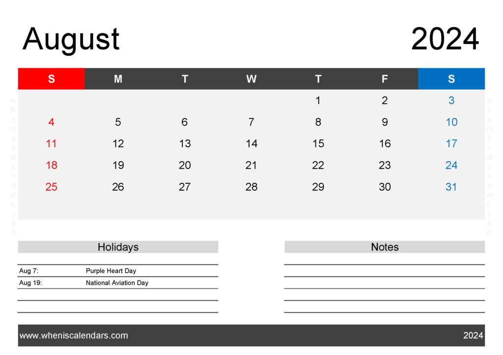 Download Free Calendar August 2024 Printable A4 Horizontal 84124