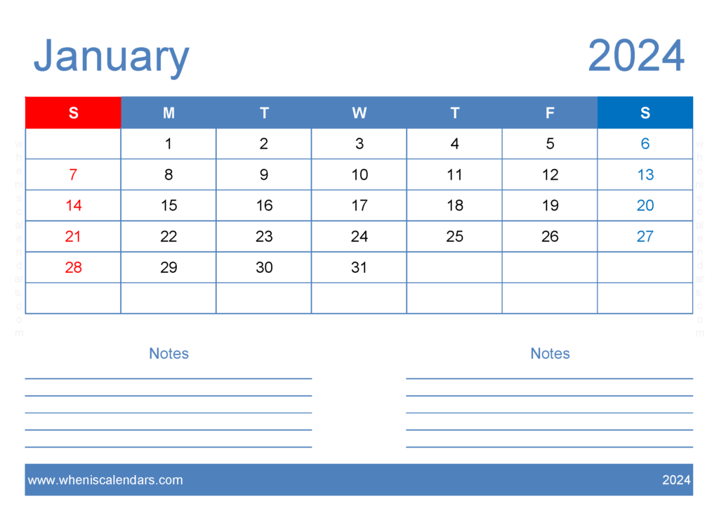 Download January 2024 Free Printable Calendar with Holidays A4 Horizontal J4205