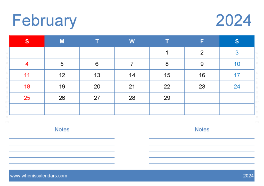 Download February 2024 Free Printable Calendar with Holidays A4 Horizontal 24205