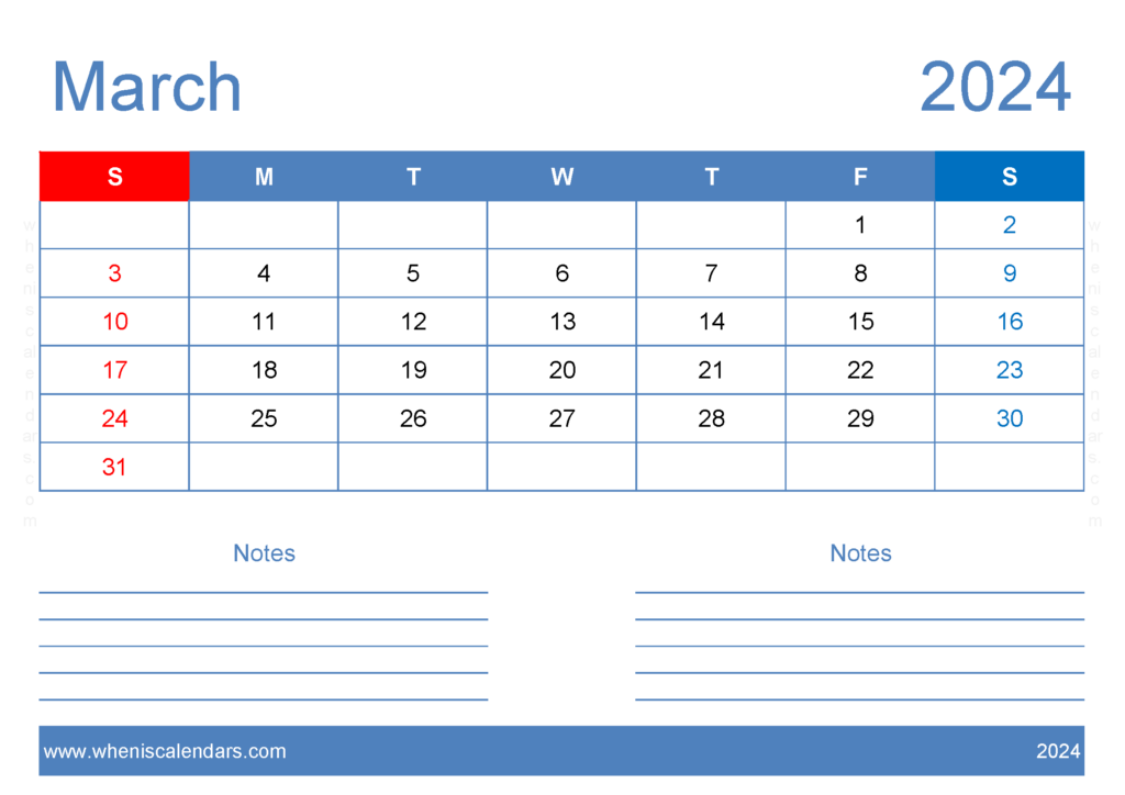 Download March 2024 Free Printable Calendar with Holidays A4 Horizontal 34205