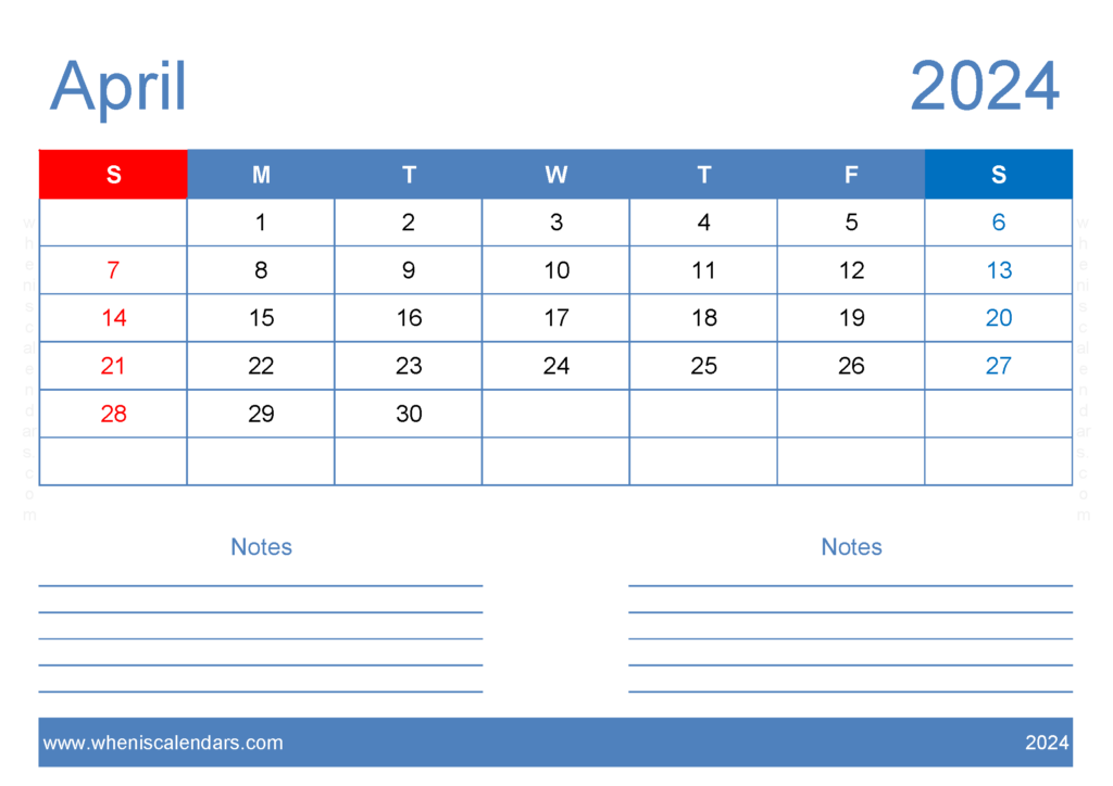Download April 2024 Free Printable Calendar with Holidays A4 Horizontal 44205