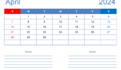 April 2024 Free Printable Calendar with Holidays A4205