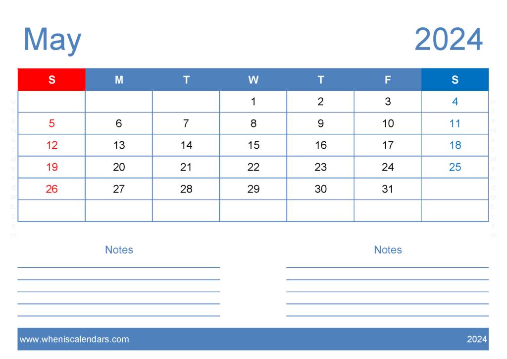 Download May 2024 Free Printable Calendar with Holidays A4 Horizontal 54205