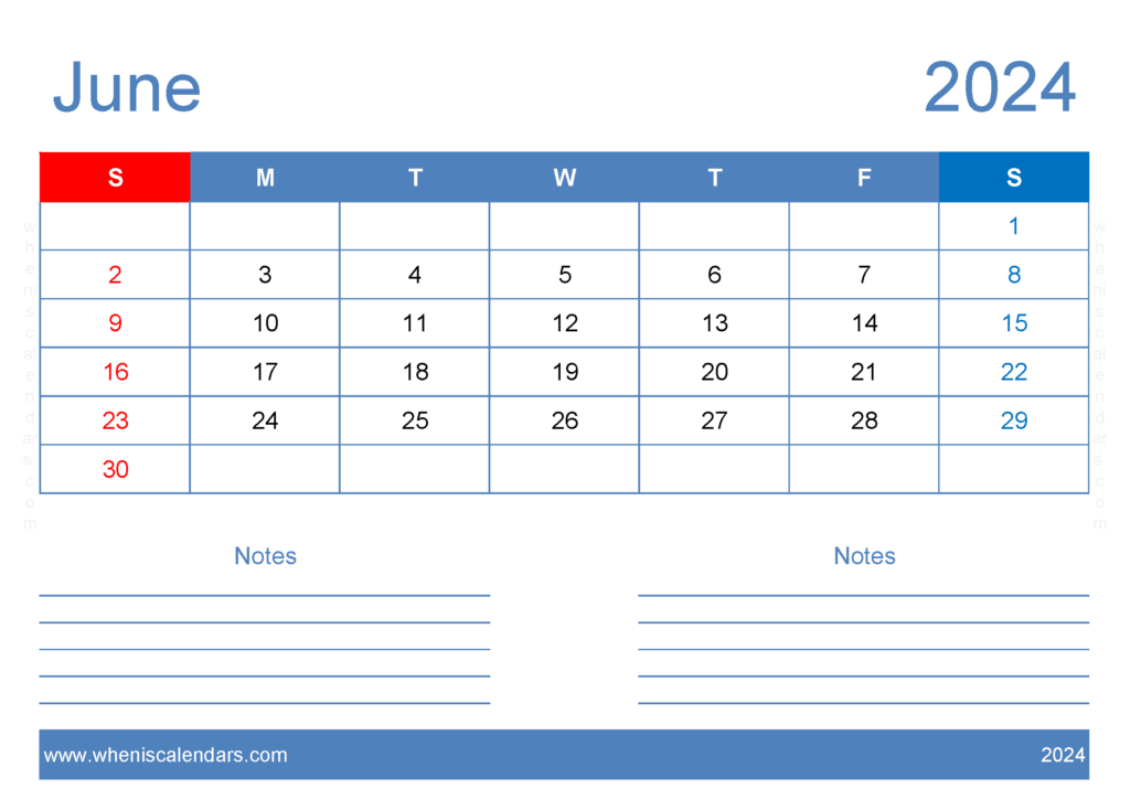 Download June 2024 Free Printable Calendar with Holidays A4 Horizontal 64205