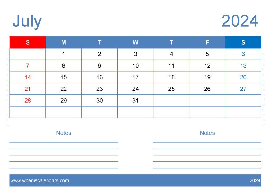 Download July 2024 Free Printable Calendar with Holidays A4 Horizontal 74205