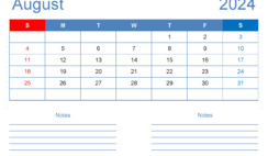 August 2024 Free Printable Calendar with Holidays A8205