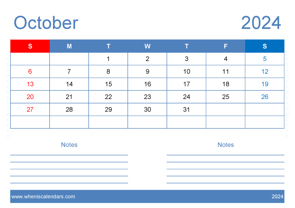 Download October 2024 Free Printable Calendar with Holidays A4 Horizontal 104205