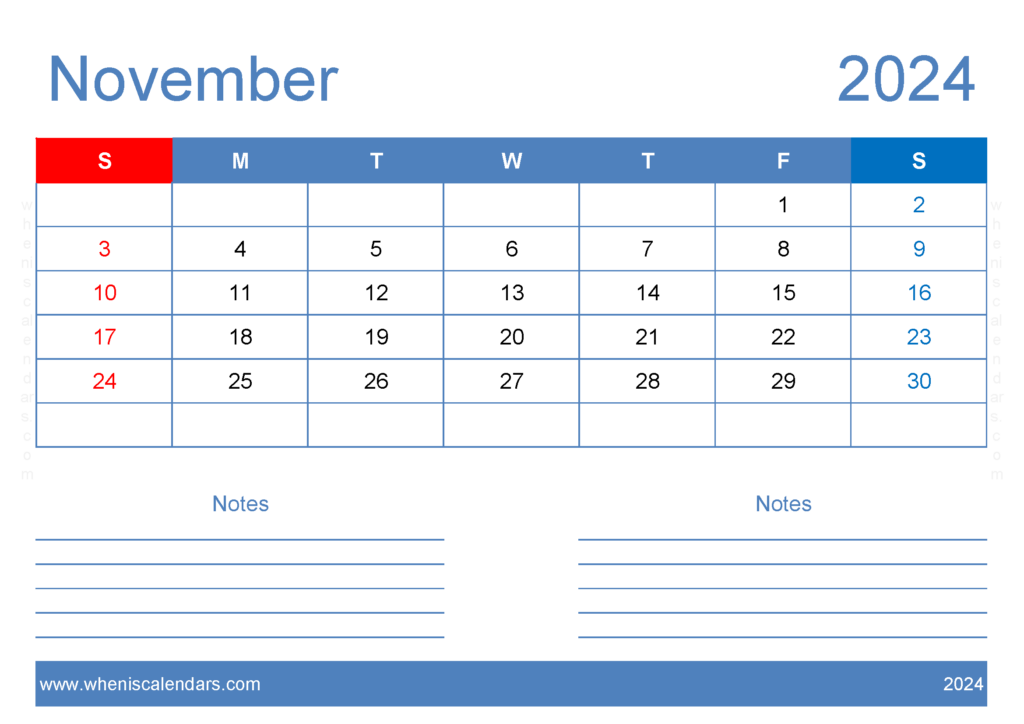 Download November 2024 Free Printable Calendar with Holidays A4 Horizontal 114205