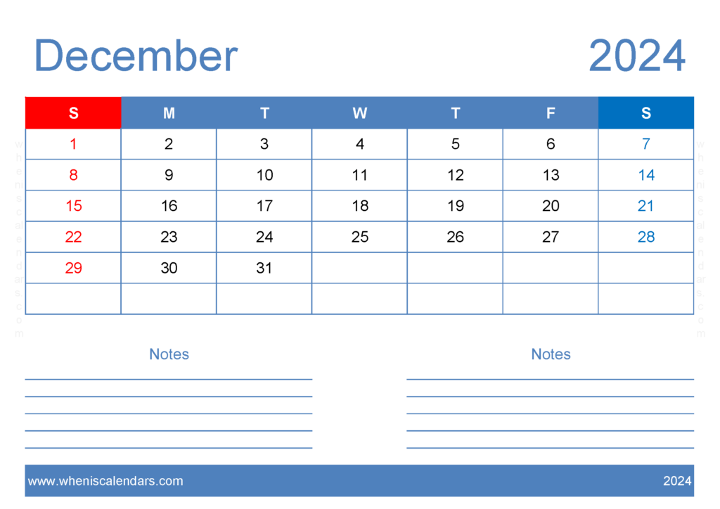 Download December 2024 Free Printable Calendar with Holidays A4 Horizontal 124205