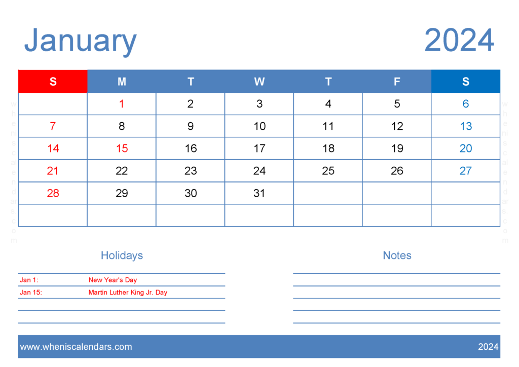 Download Jan 2024 Printable Calendar Free A4 Horizontal J4125