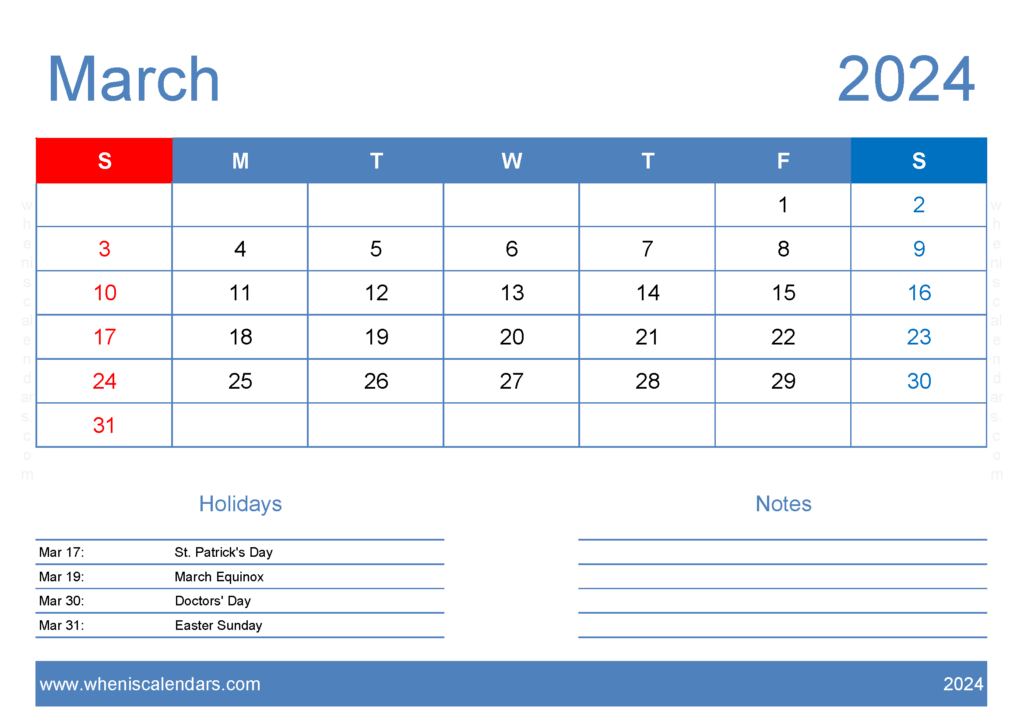 Download Mar 2024 Printable Calendar Free A4 Horizontal 34125