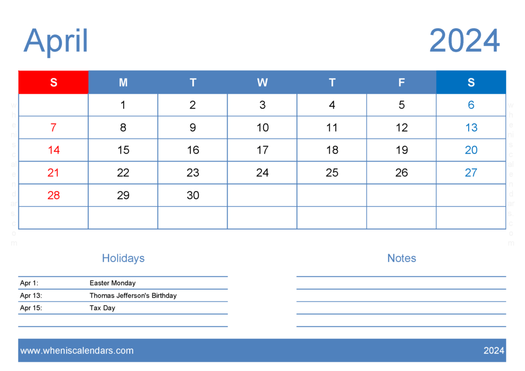 Download Apr 2024 Printable Calendar Free A4 Horizontal 44125