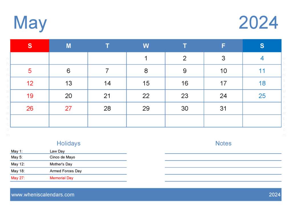 Download May 2024 Printable Calendar Free A4 Horizontal 54125