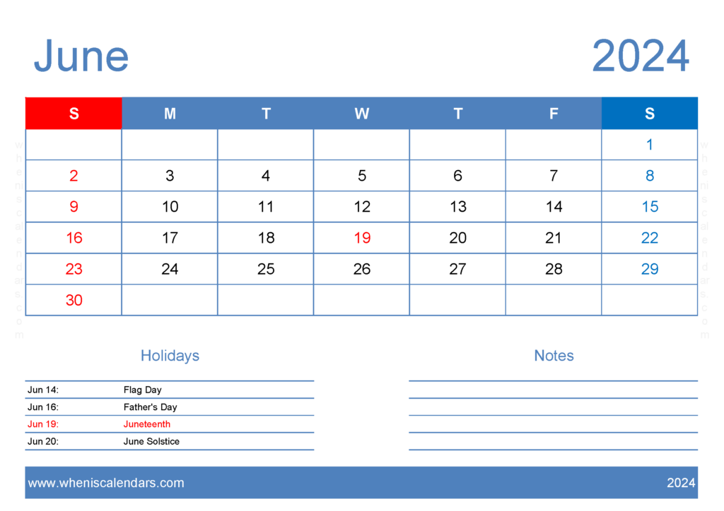 Download Jun 2024 Printable Calendar Free A4 Horizontal 64125