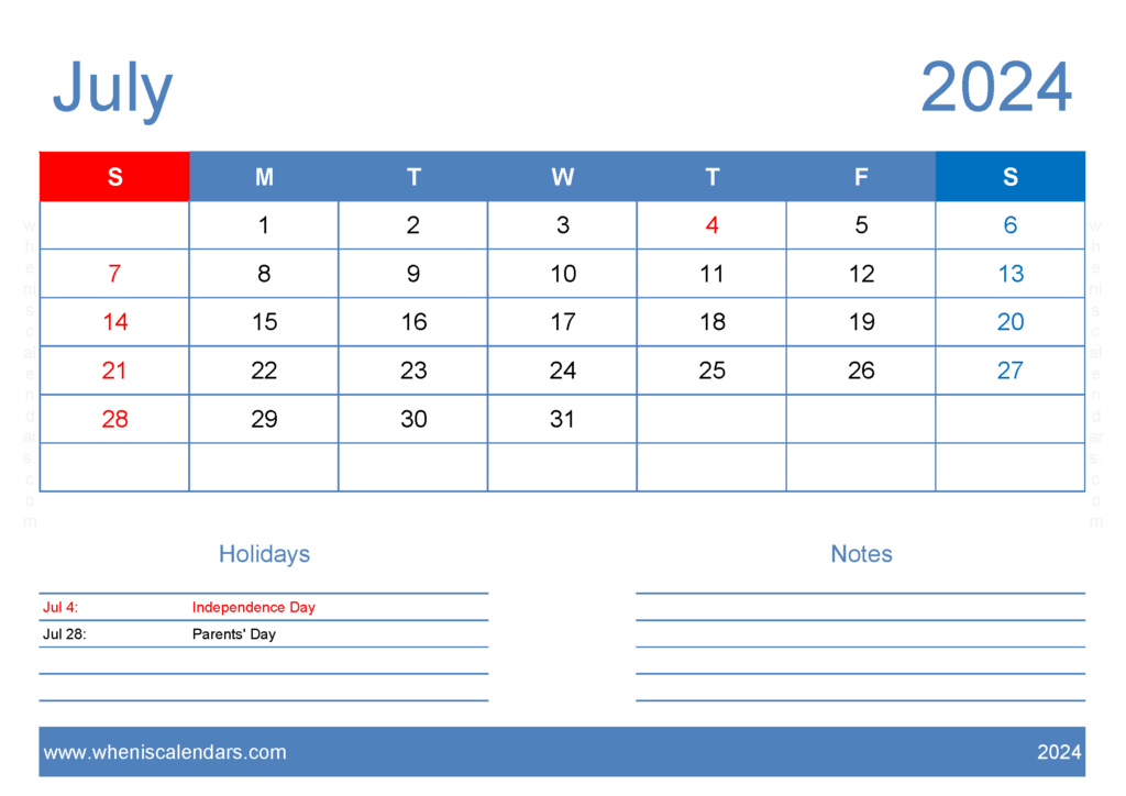 Download Jul 2024 Printable Calendar Free A4 Horizontal 74125