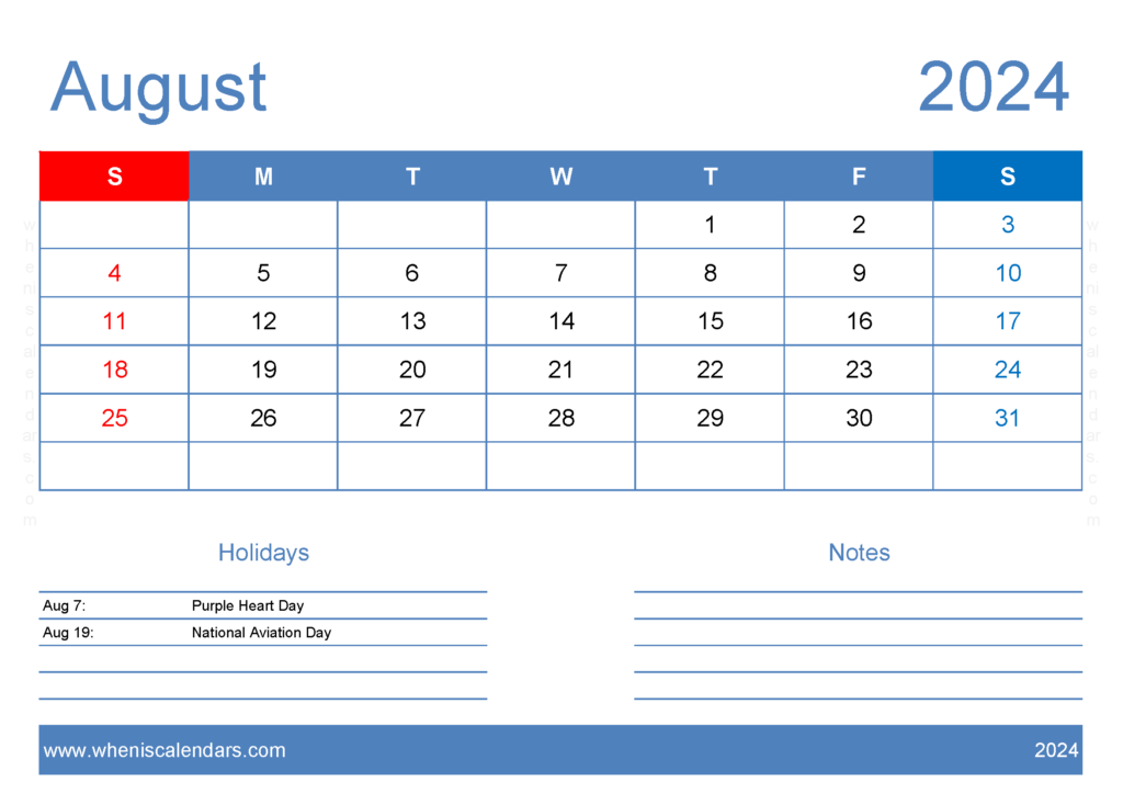 Download Aug 2024 Printable Calendar Free A4 Horizontal 84125