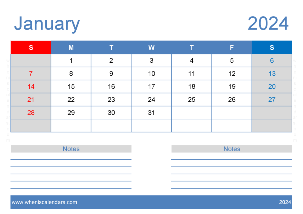Download January Free Printable Calendar 2024 A4 Horizontal J4206