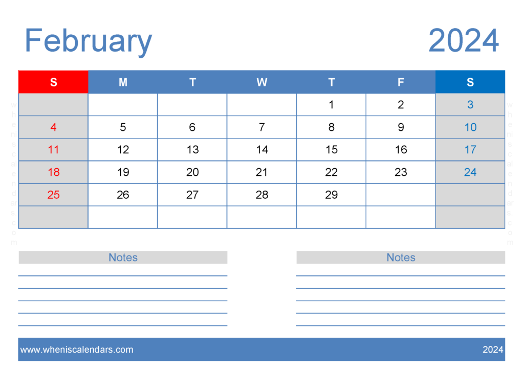 Download February Free Printable Calendar 2024 A4 Horizontal 24206