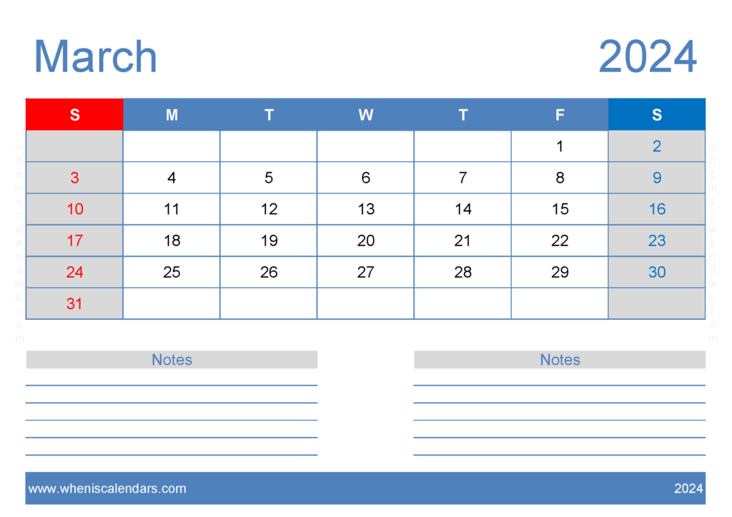Download March Free Printable Calendar 2024 A4 Horizontal 34206