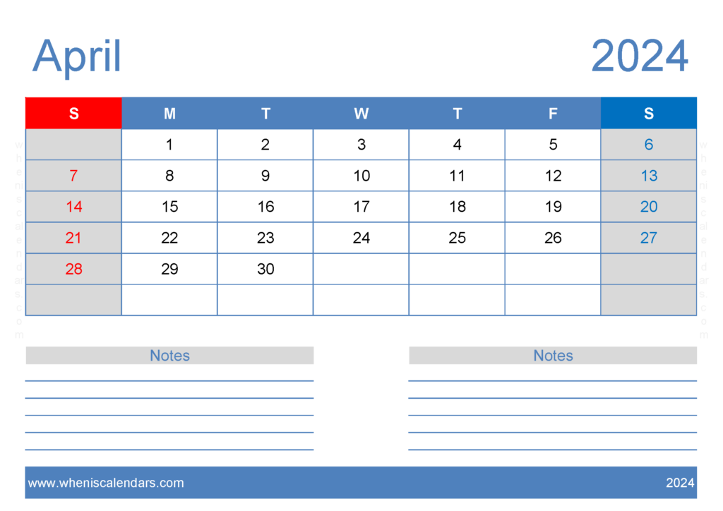 Download April Free Printable Calendar 2024 A4 Horizontal 44206
