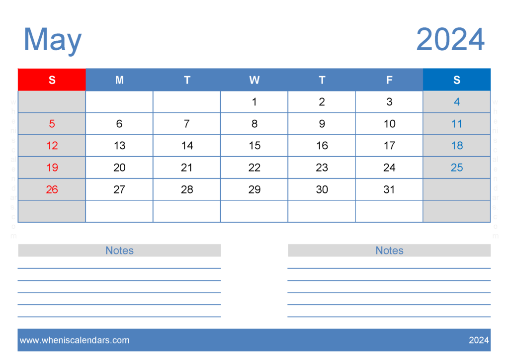 Download May Free Printable Calendar 2024 A4 Horizontal 54206