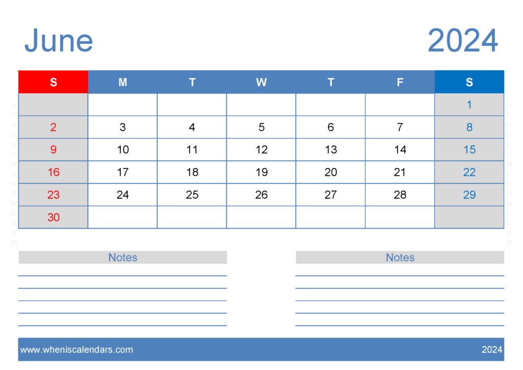 Download June Free Printable Calendar 2024 A4 Horizontal 64206