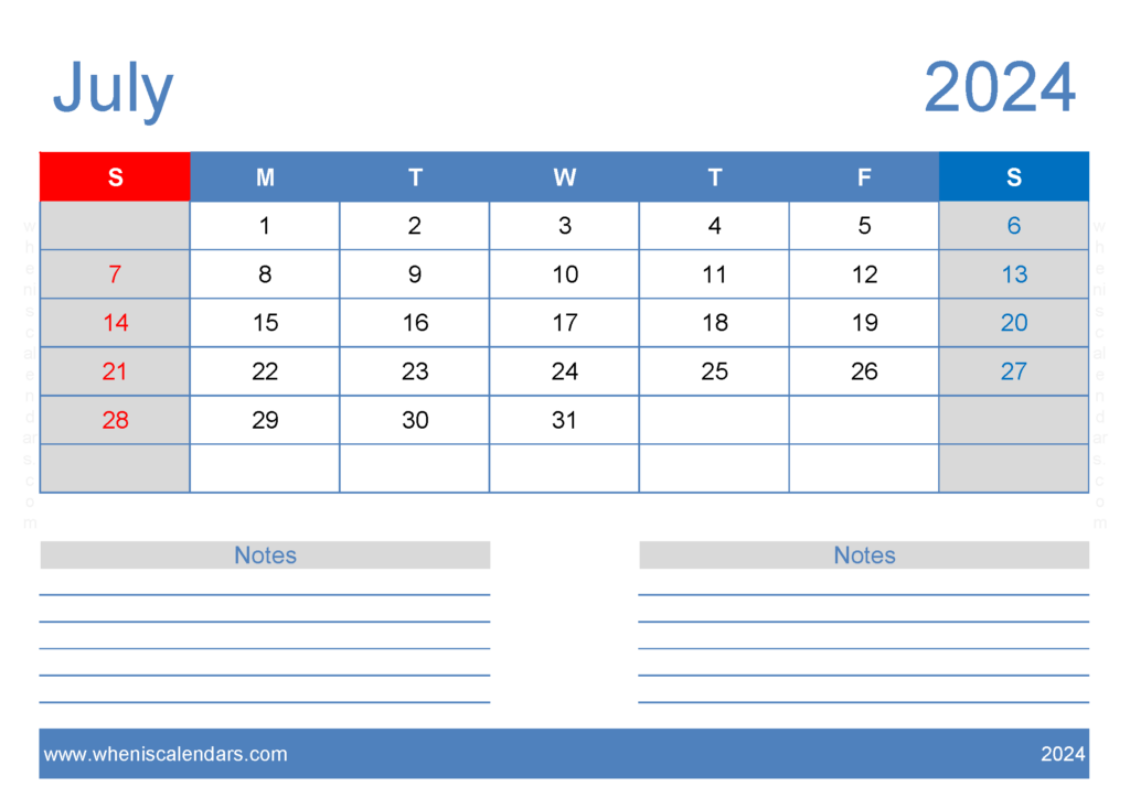 Download July Free Printable Calendar 2024 A4 Horizontal 74206