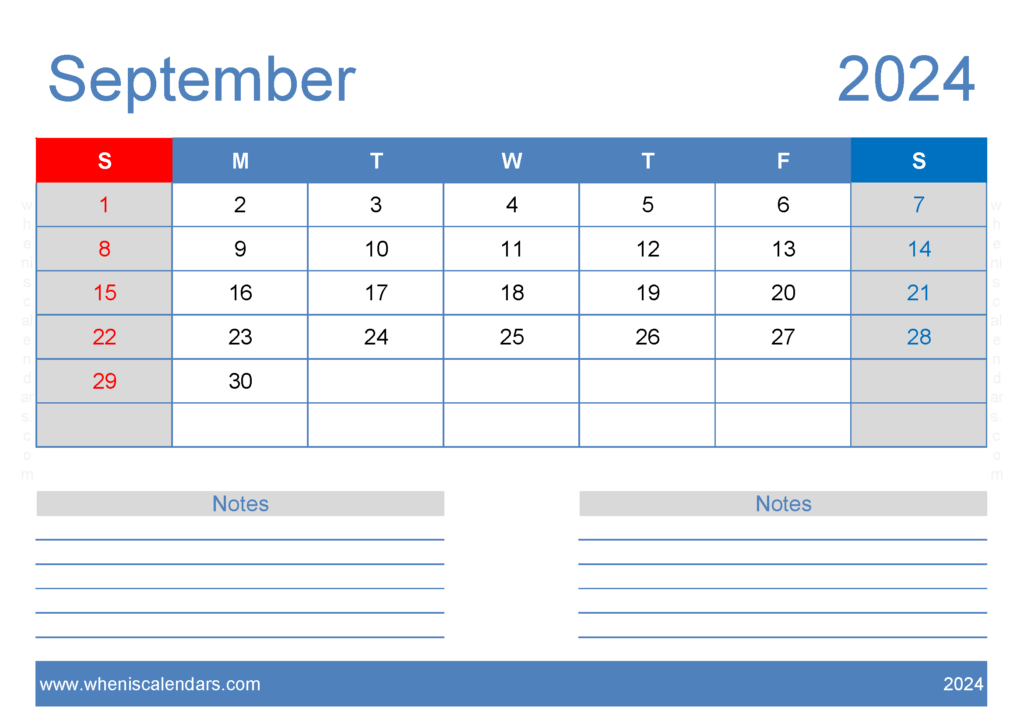 Download September Free Printable Calendar 2024 A4 Horizontal 94206
