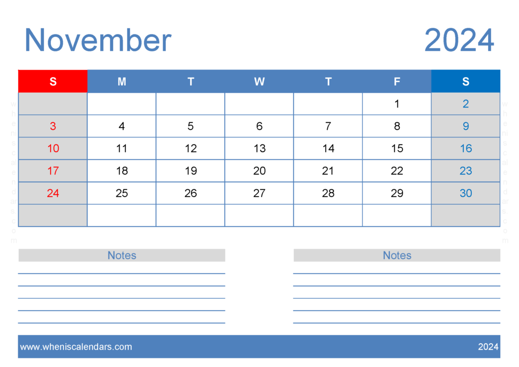 Download November Free Printable Calendar 2024 A4 Horizontal 114206
